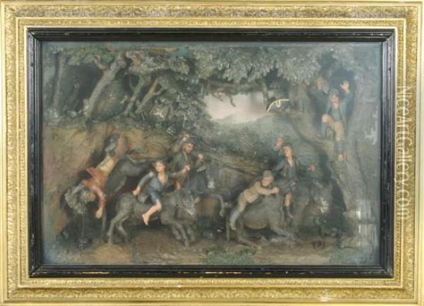 A Humorous Scene Involving Six Young Men Riding Donkeys Through The Forest Oil Painting - Samuel Percy