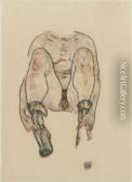 Sitzender Weiblicher Akt Mit 
Grunen Stiefeln (torso) (seated Female Nude With Green Boots (torso)) Oil Painting - Egon Schiele