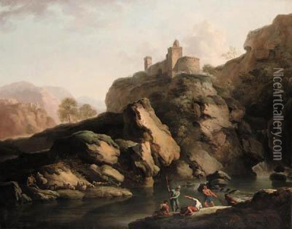 A Mountain River Landscape, With
 Fishermen Pulling In Their Net In The Foreground, And A Shepherd With 
His Sheep On The Far Bank, Ahilltop Fort Beyond Oil Painting - Claude-joseph Vernet