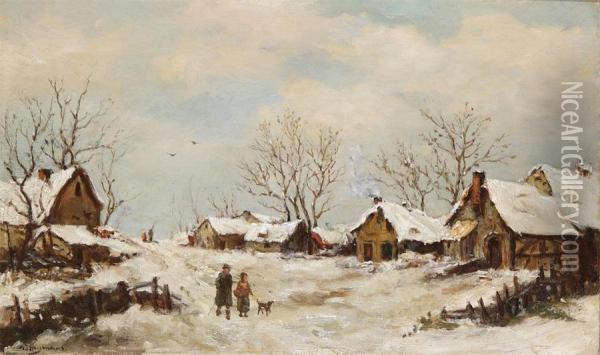 Winter Landscape With Figures Near Farmhouses Oil Painting - Joseph I Heymans