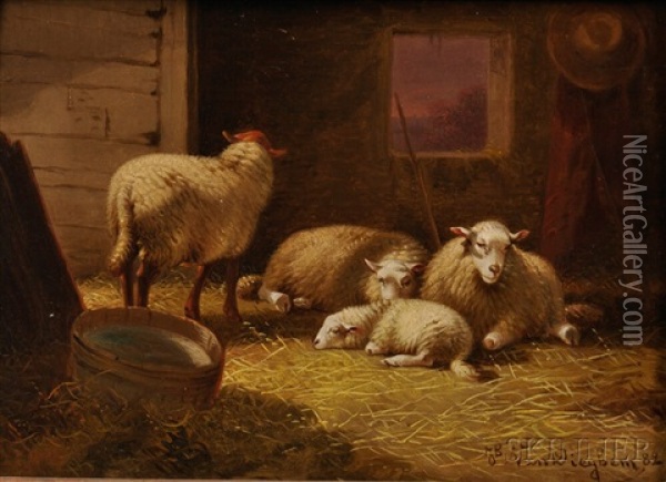 Sheep At Rest In A Barn And Sheep With A Lamb And Chickens In A Landscape (2 Works) Oil Painting - Jacob Van Dieghem