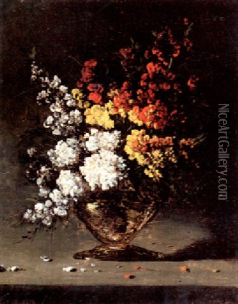 Assorted Flowers In A Glass Vase Oil Painting - Germain Theodore Ribot