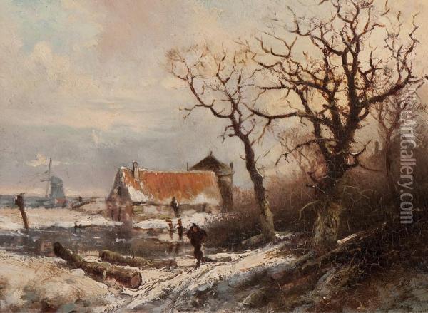 Walker In A Winter Landscape Oil Painting - Pieter Lodewijk Francisco Kluyver