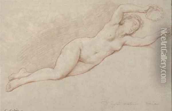 A reclining female nude holding a garland in her left hand Oil Painting - Nicolas-Rene Joullain