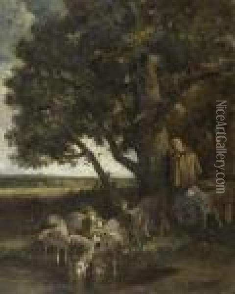 Herdsmen With Sheep Under A Tree. Oil Painting - Charles Emile Jacque
