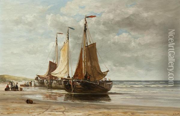 Moored Barges On The Beach Oil Painting - Hendrik Hulk