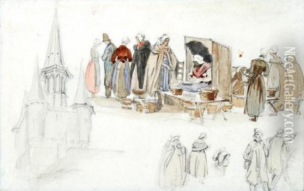 Figure Studies For A Market Scene,and A Study Of Church Tower Oil Painting - Richard Parkes Bonington
