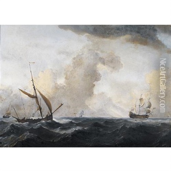 An English Galliot At Sea Running Before A Strong Wind Oil Painting - Willem van de Velde III