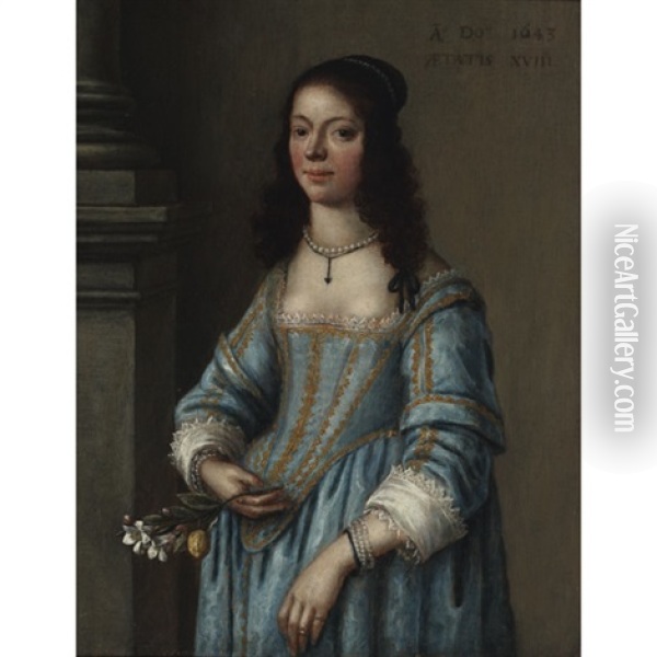 Young Lady In Blue Dress Oil Painting - Gonzales Coques