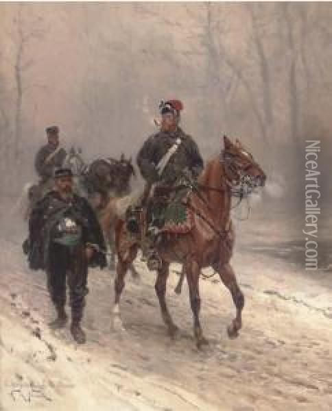 A Prussian Hussar Escorting A French Prisoner On A Wintertrack Oil Painting - Alphonse Marie de Neuville