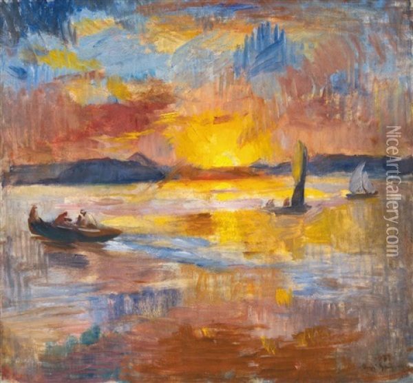 Sunset At Balaton Oil Painting - Bela Ivanyi Gruenwald