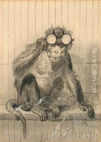 A Monkey Wearing Pinc-nez Glasses Oil Painting - Josef Wolft Richter
