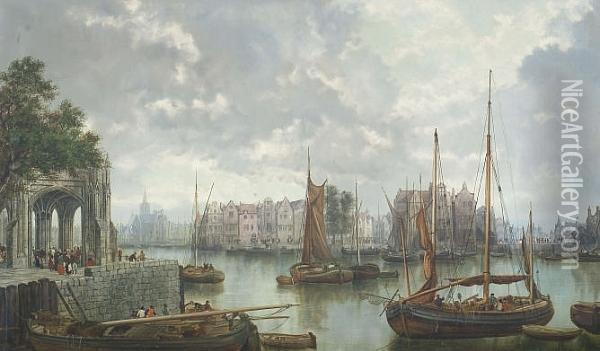 Barges On A Dutch Canal Oil Painting - William Howard Hart