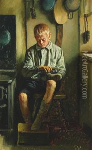 Interior With A Boy Who Polishes His Boots Oil Painting - Sophus Vermehren