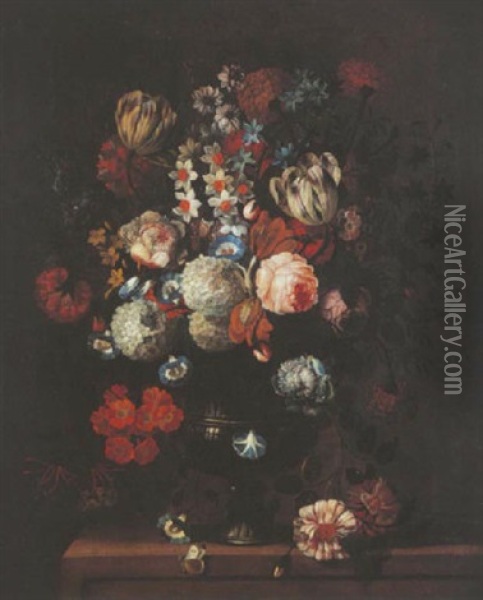 Nature Morte Au Bouquet De Fleurs Dans Un Vase Sur Un Entablement Oil Painting - Pieter Hardime