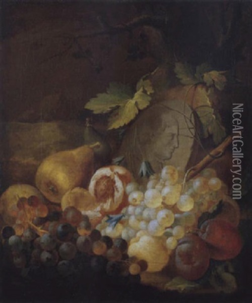 Fruchtestilleben Vor Einem Stein Mit Dem Reief Eines Mannes Im Profil Oil Painting - Johann Daniel Bager