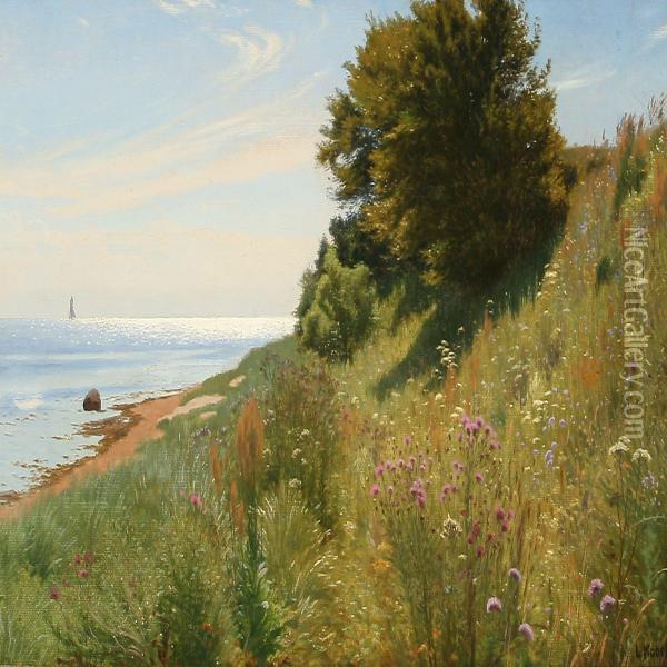 Summer Idyll At A Coast With Colorful Flowers Oil Painting - Ludvig Kabell