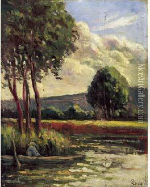 Pecheur Aux Environs De Rolleboise, Circa 1920. Oil Painting - Maximilien Luce