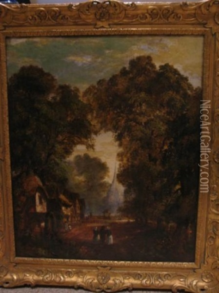 Three Figures Walking Down Town Road Under Canopy Of Old Oaks Oil Painting - John Crome the Elder