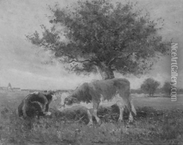 Zwei Kuhe Unter Einem Baum In Weiter Wiesenlandschaft Oil Painting - Louis Aime Japy