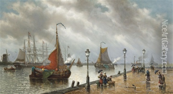 Dordrecht Quay, A Rainy Day Oil Painting - Auguste Henri Musin