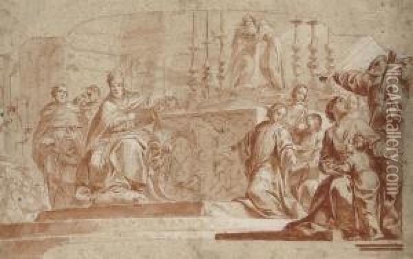 Pope Innocent Iv Consecrating The Church Of San Domenico,bologna Oil Painting - Vittorio Maria Bigari