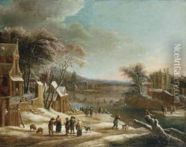 A Winter Landscape With Villagers Conversing On A Path Oil Painting - Theodore van Heil