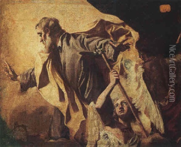 Saint Joseph Accompanied By Two Angels Oil Painting - Giuseppe Angeli