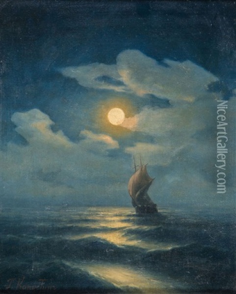 Segelschiff Auf Nachtlicher See Oil Painting - Grigorij Kapustin