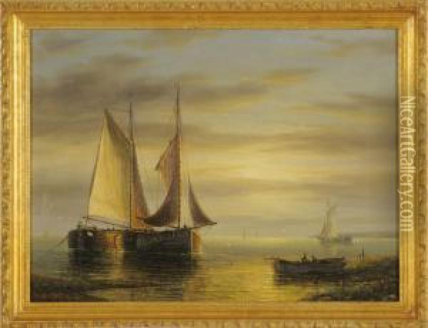Fishing Boats At Dawn Oil Painting - James Hardy