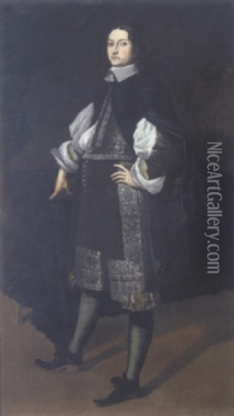 Portrait Of A Nobleman Wearing A White Chemise And Black Doublet And Hose Embroidered With Silver, Standing Beside A Table In An Interior Oil Painting - Carlo Ceresa