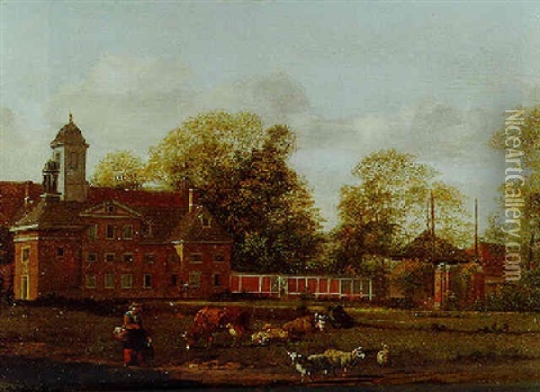 A View Of Goudestein With A Woman And Child Walking Beside A Dyke Oil Painting - Jan Van Der Heyden