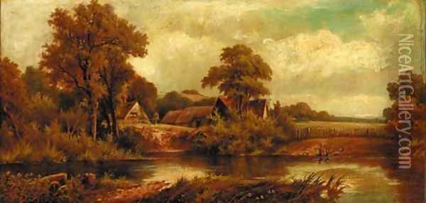 Figures On The Edge Of A Riverbank Oil Painting - Henry Maidment