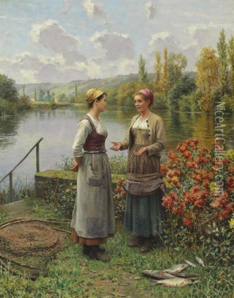 Two Women In A Landscape Oil Painting - Daniel Ridgway Knight