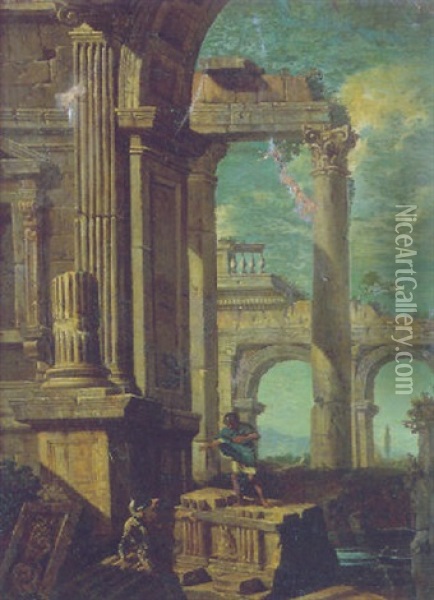 Vue De Ruines Antiques Avec Des Soldats Romains Oil Painting - Giovanni Paolo Panini