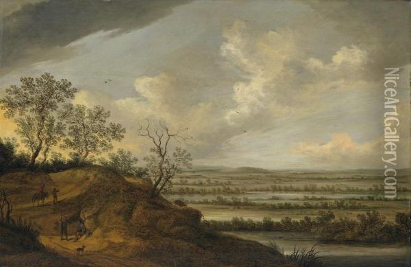 Weite Flusslandschaft Mitwanderern Und Reiter Oil Painting - Johannes Pietersz. Schoeff