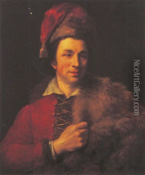 Portrait Of A Gentleman Wearing An Eastern European Costume With A Fur Trimmed Robe Oil Painting - Nathaniel Hone the Elder