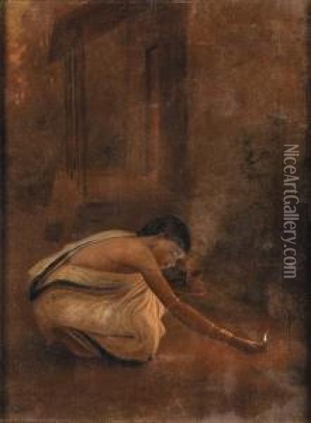 Lady Lighting A Diya Oil Painting - Jogesh Chander Seal