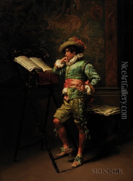 Cavalier Studying A Musical Score Oil Painting - Cesare Auguste Detti