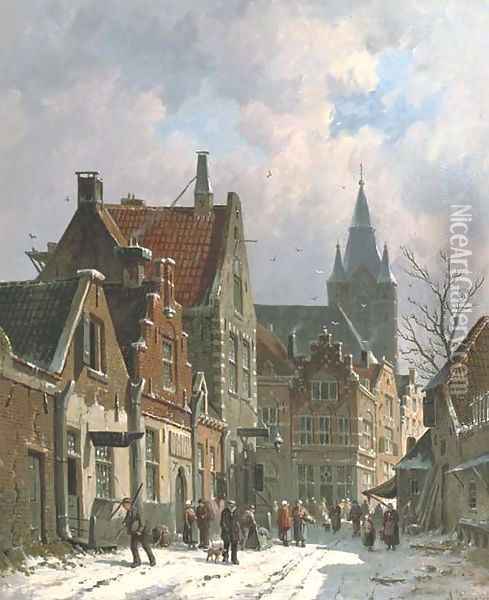 A busy street in Delft in winter Oil Painting - Adrianus Eversen