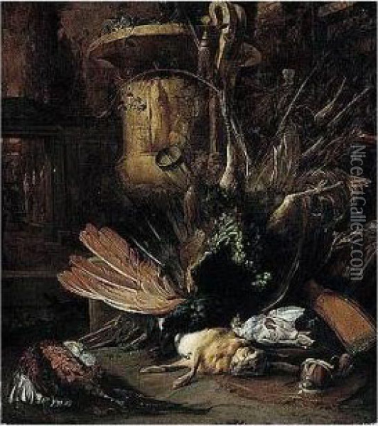 A Still Life Of A Peacock, A 
Hare, Partridge, A Pheasant And Hunting Paraphernalia, In An Ornamental 
Garden Oil Painting - Jan Weenix