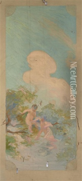 Deux Etudes Presumees De Decors Pour Le Pavillon De Flore (+2 Others; 4 Works) Oil Painting - Alexandre Claude Louis Lavalley