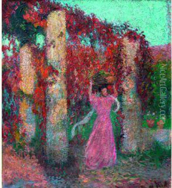 Jeune Femme Portant Une 
Corbeille Sur La Tete Devant Une Pergola De Vigne Vierge Rouge, Circa 
1905 Oil Painting - Henri Martin