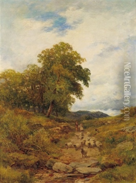 A Mountain Roadway (englische Landschaft Mit Sandweg Und Einer Schafherde) Oil Painting - David Bates