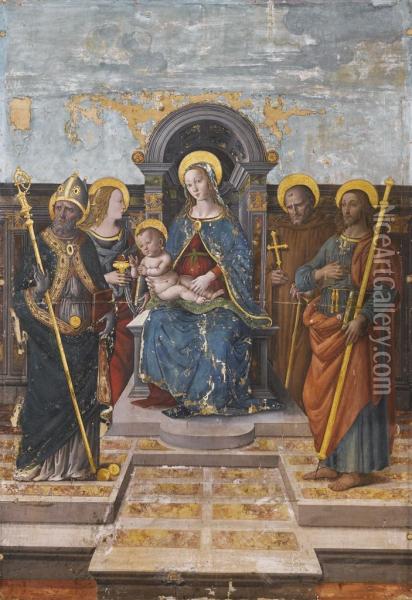 Madonna Col Bambino In Trono Fra I Santi Nicola Da Bari, Giacomo, Maddalena E Antonio Abate Oil Painting - Agnolo Di Polo