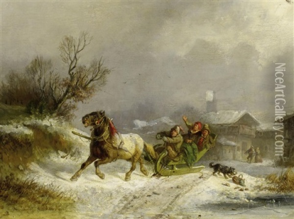 Winterliche Schlittenfahrt Oil Painting - Adolf Schmidt