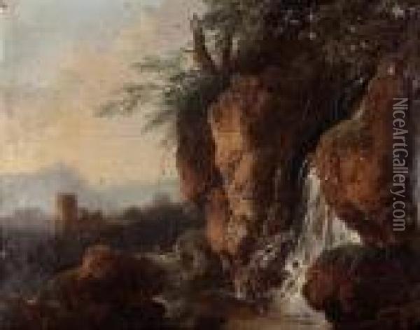 Felsige Landschaft Mit Wasserfall Oil Painting - Salvator Rosa