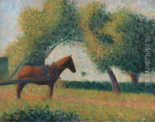 Le Cheval Attele Or La Charette Attelee Oil Painting - Georges Seurat