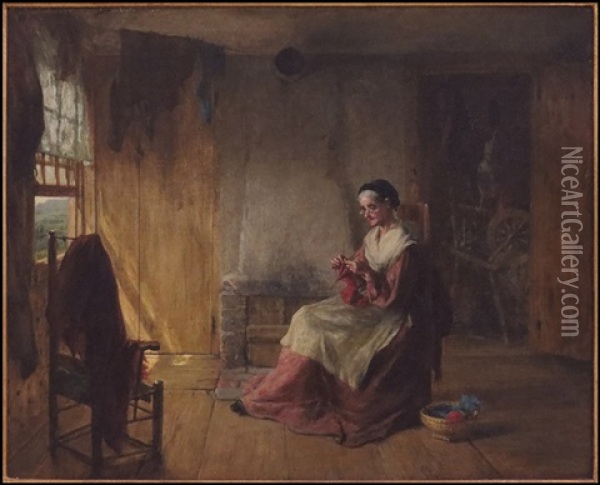 Woman Knitting By The Window Oil Painting - Edwin White