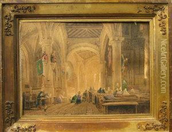 Figures In A Church Interior Oil Painting - Charles Nash